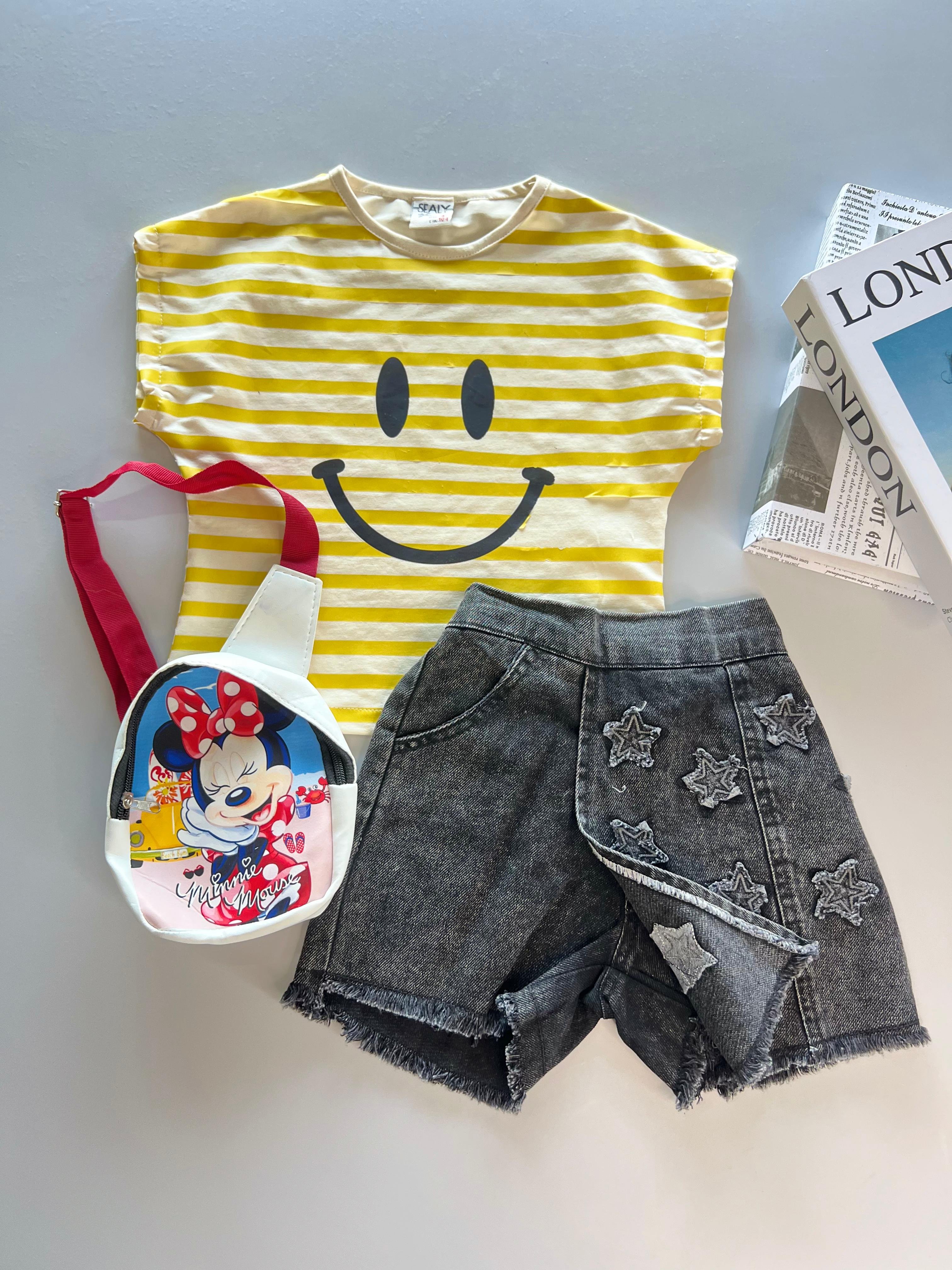 Kot Etek & Çizgili Smile T-Shirt & Çanta ( Tek Kalan Ürün / 4 Yaş )