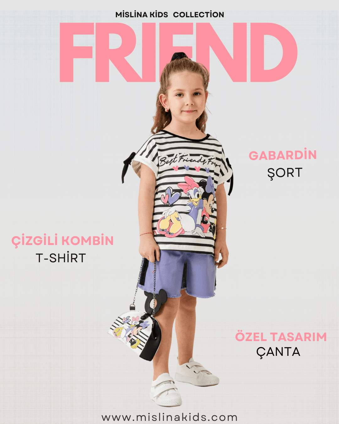 Friend Kız Çocuk Yazlık Kombin 3’lü Set | Karakter Baskılı Tişört + Renkli Şort + Çanta (3-6 Yaş)