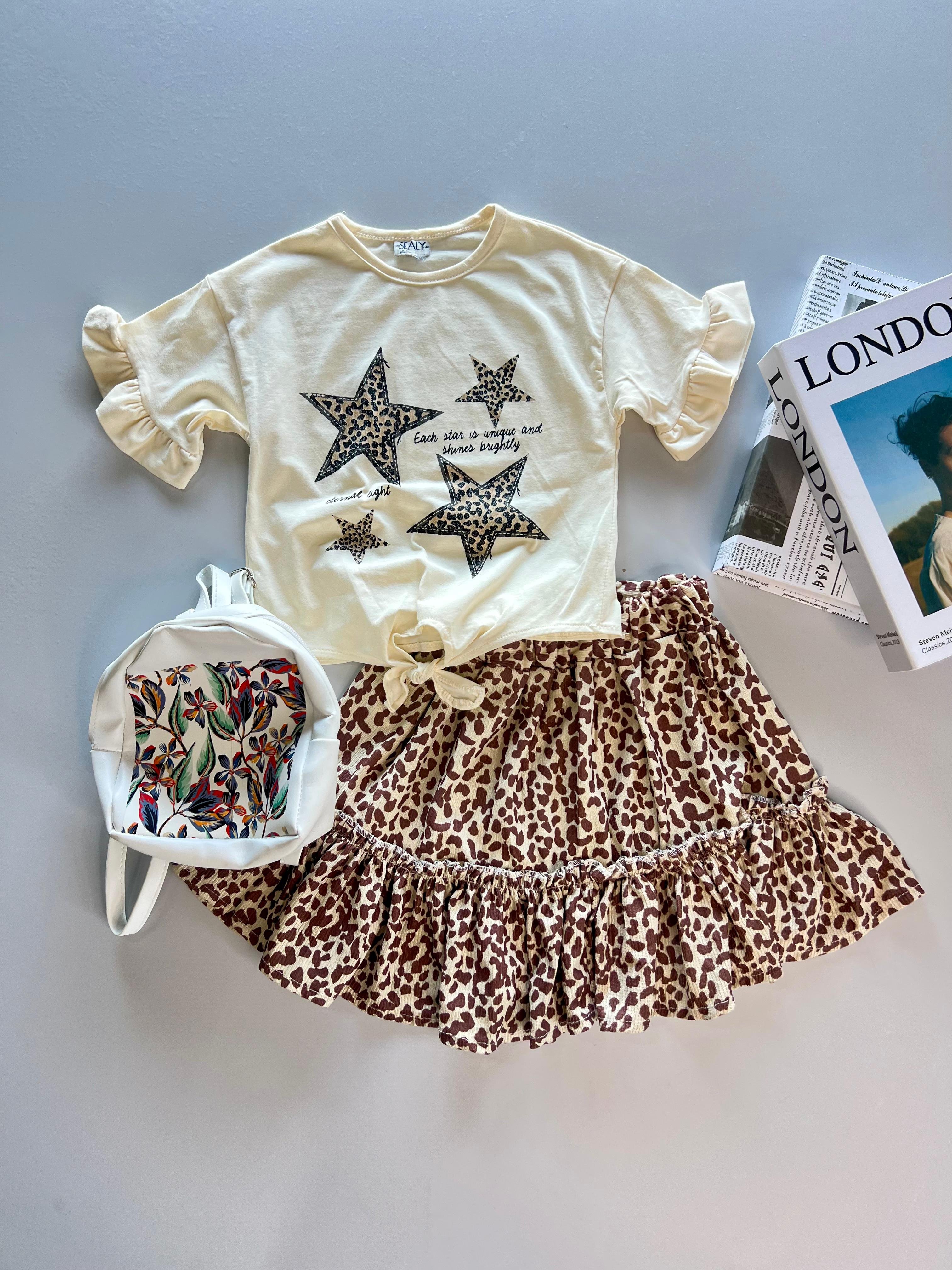 Leopar Desenli Etek & T-Shirt & Baskılı Çanta( Tek Kalan Ürün / 4 Yaş )