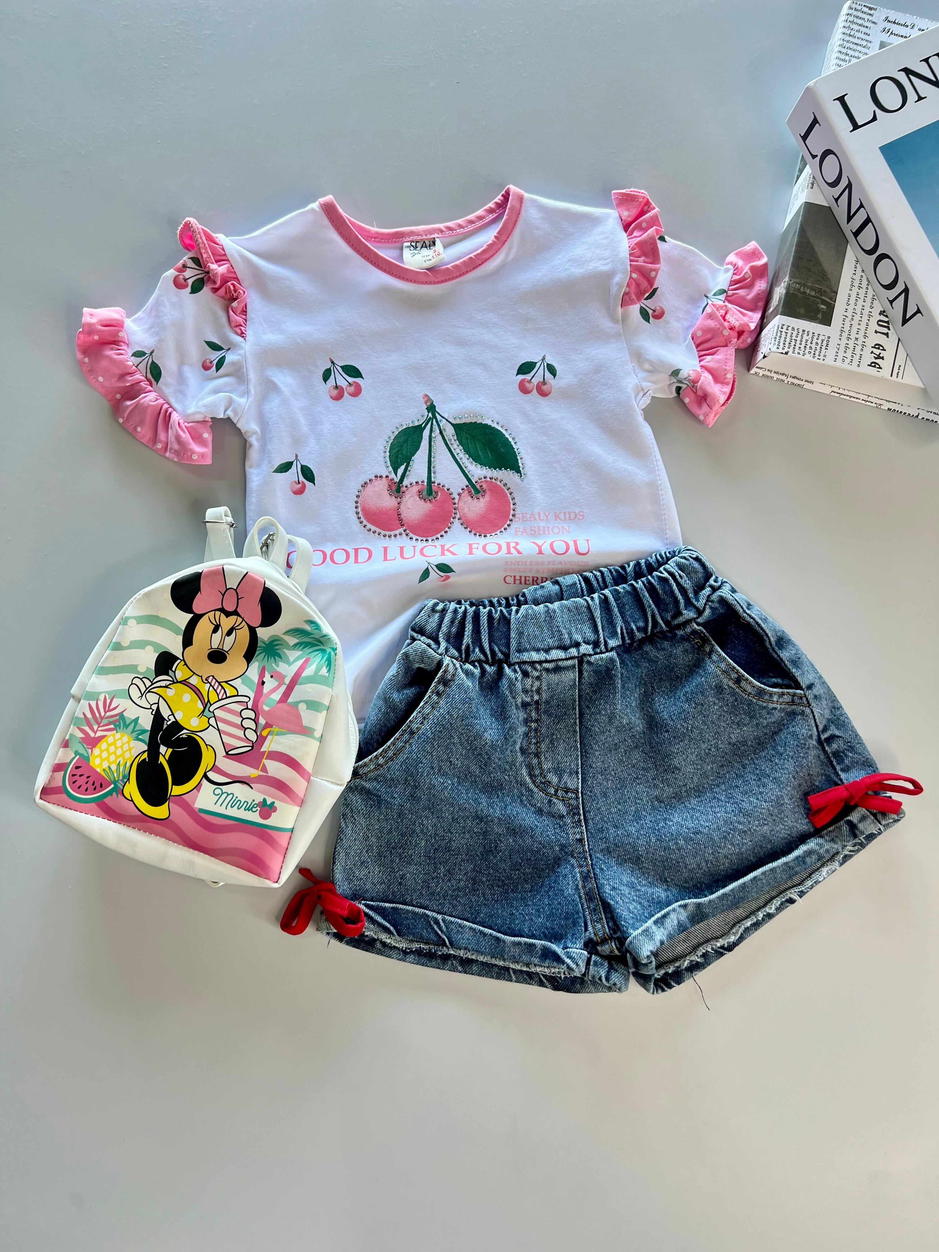 Kot Şort & Kirazlı T-Shirt & Çanta Kombini ( Tek Kalan Ürün / 5 Yaş )