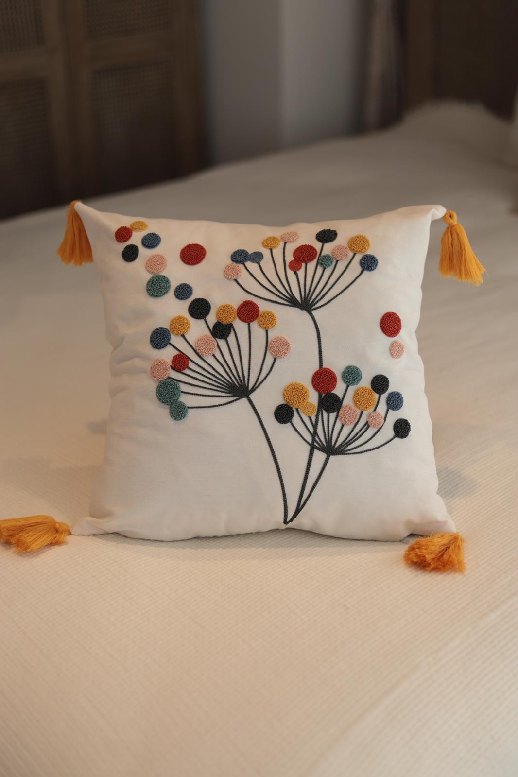 Punch Needle Embroidered Floral Cushion Cover