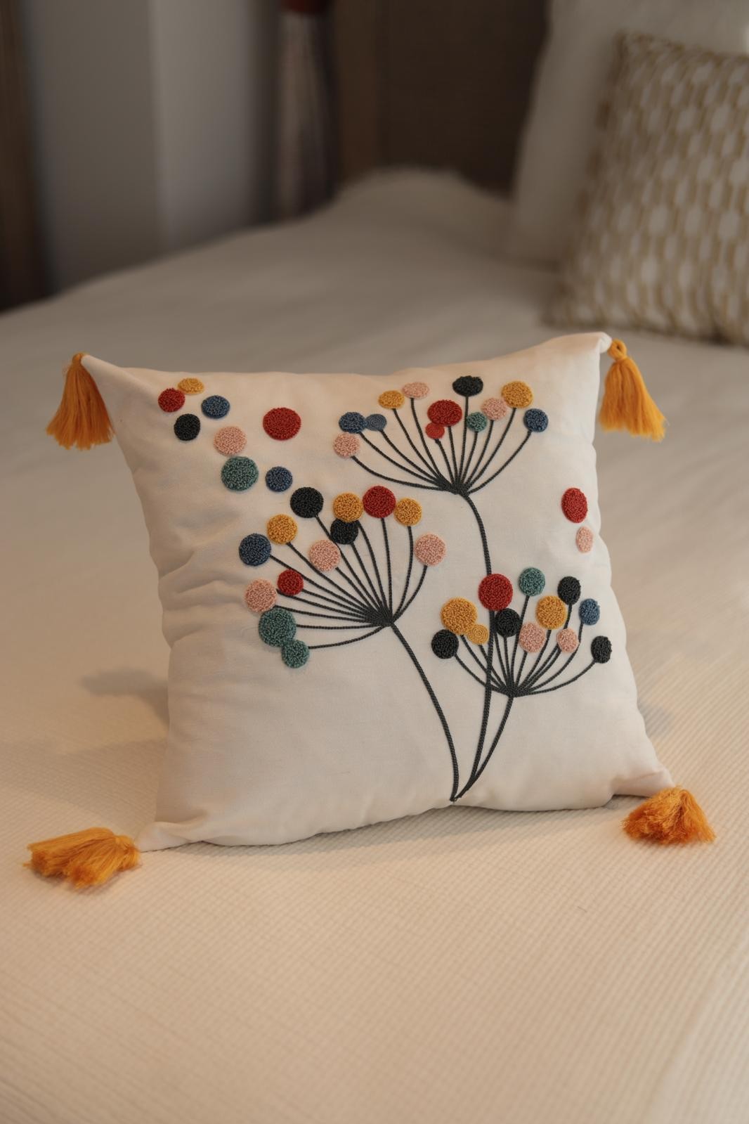 Punch Needle Embroidered Floral Cushion Cover