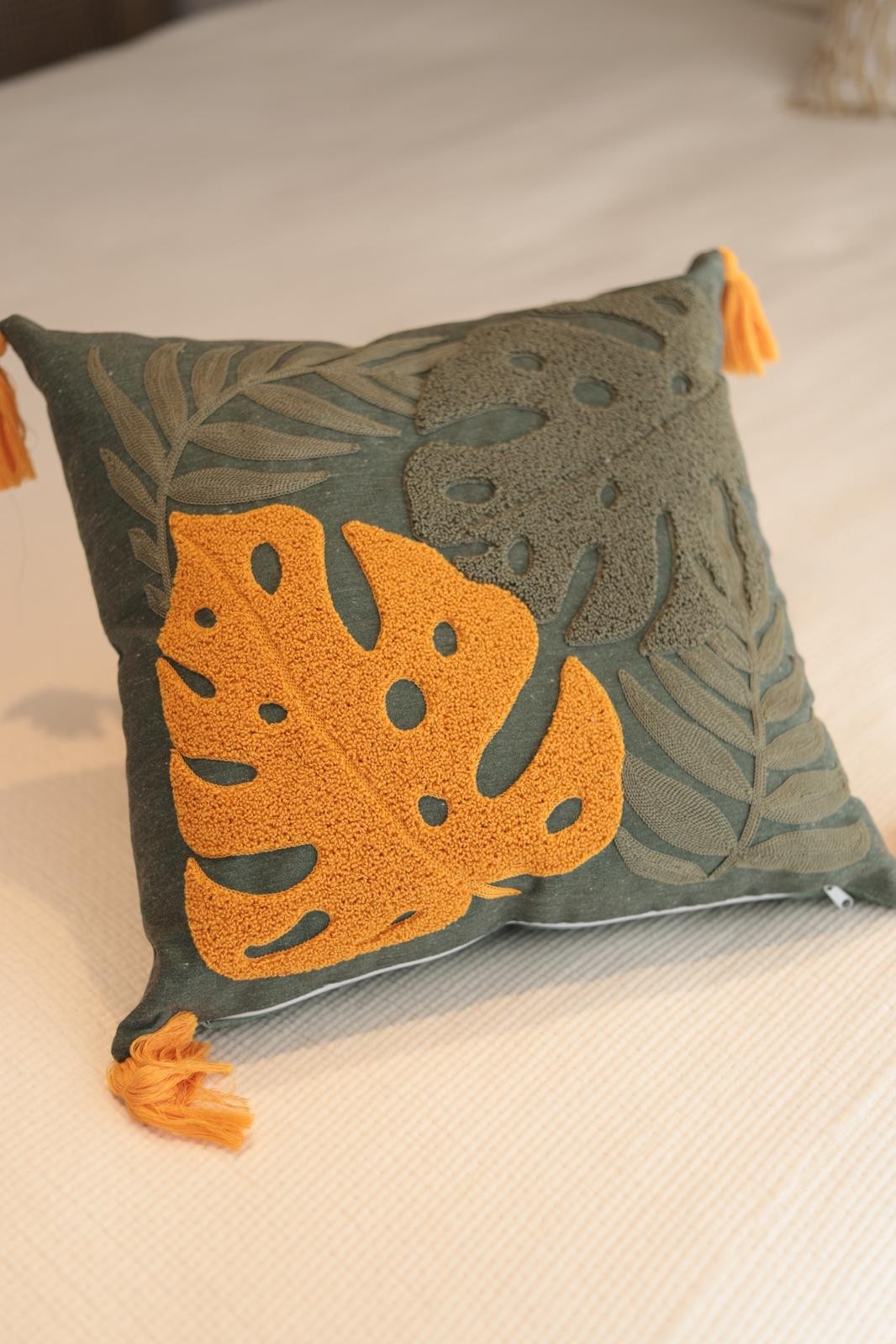 Punch Needle Embroidered Floral Cushion Cover