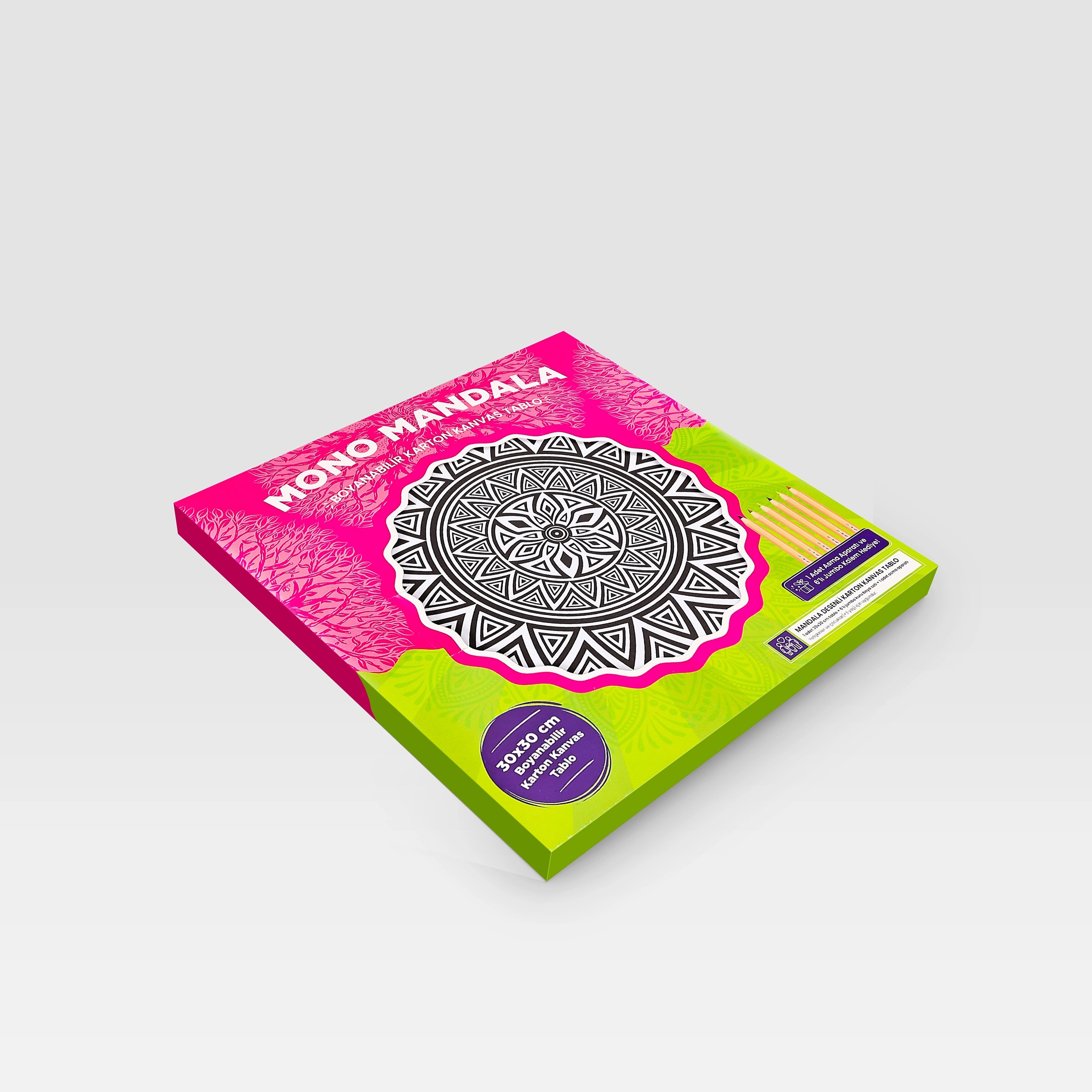 Karton Kanvas Mandala – Metal Çerçeve Görünümlü Koyu Dairesel Boyama – 6’lı Jumbo Kalem Hediyeli
