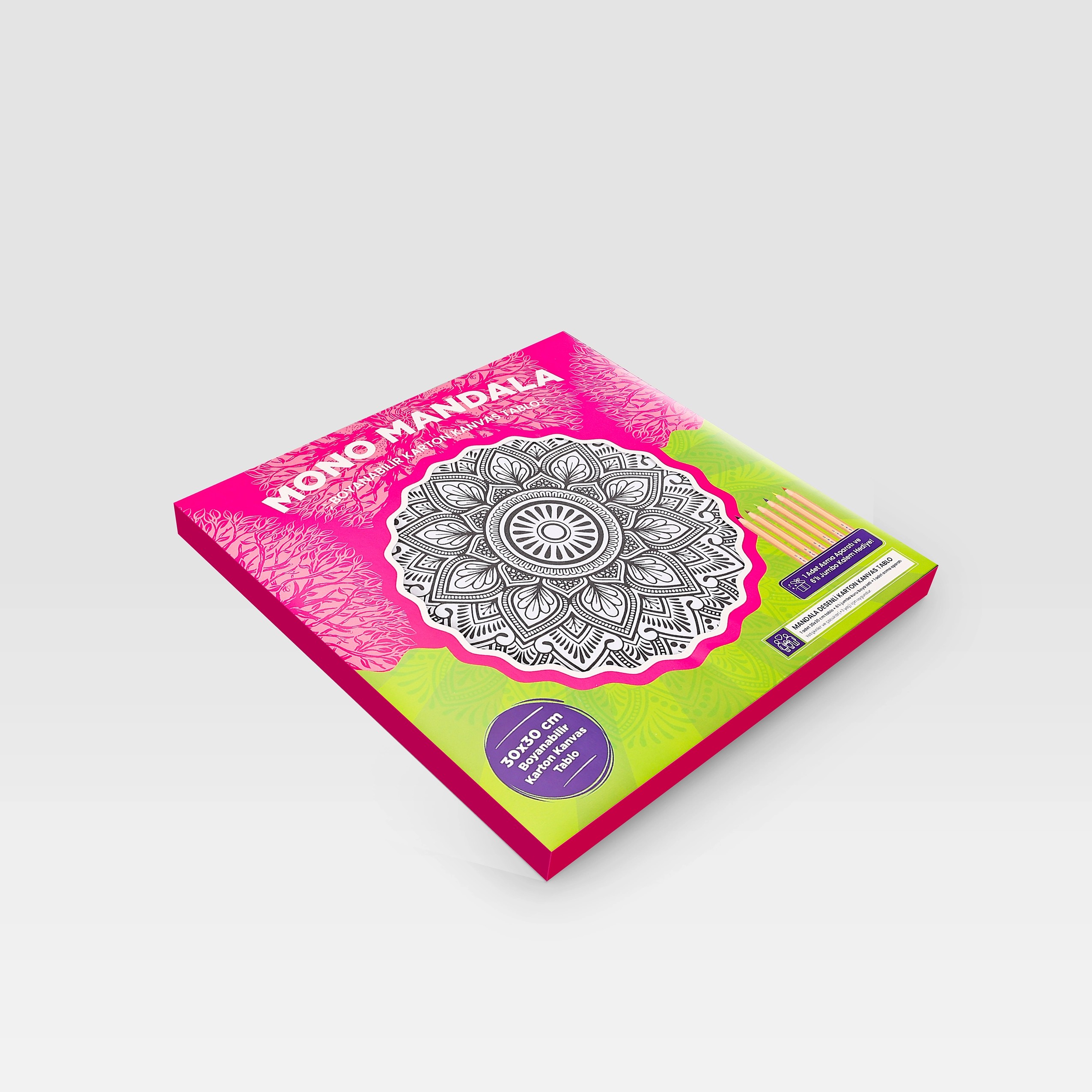 Karton Kanvas Mandala – Metal Çerçeve Görünümlü Açık Dairesel Boyama – 6’lı Jumbo Kalem Hediyeli