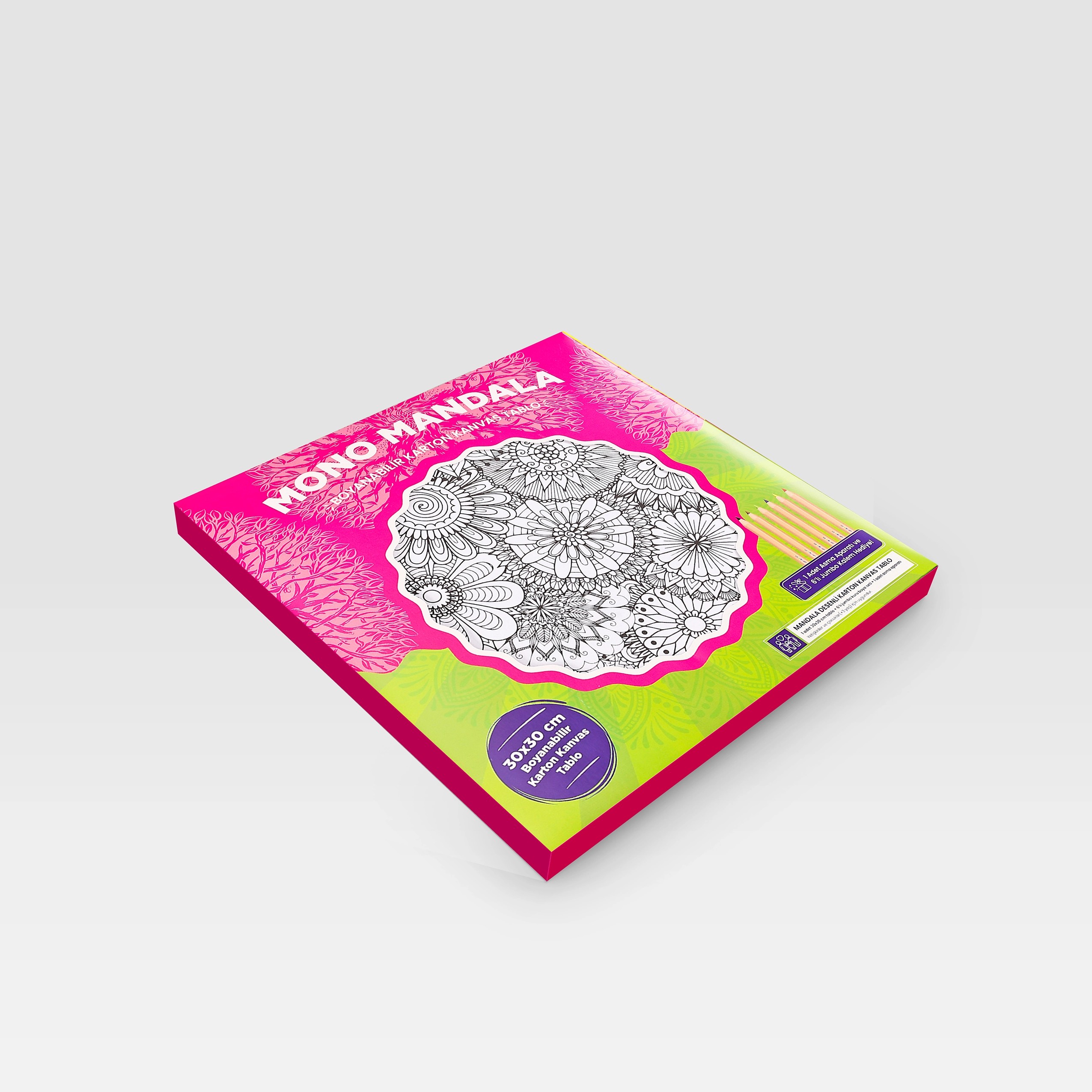 Karton Kanvas Mandala – Metal Çerçeve Görünümlü Tam Çiçek Boyama – 6’lı Jumbo Kalem Hediyeli