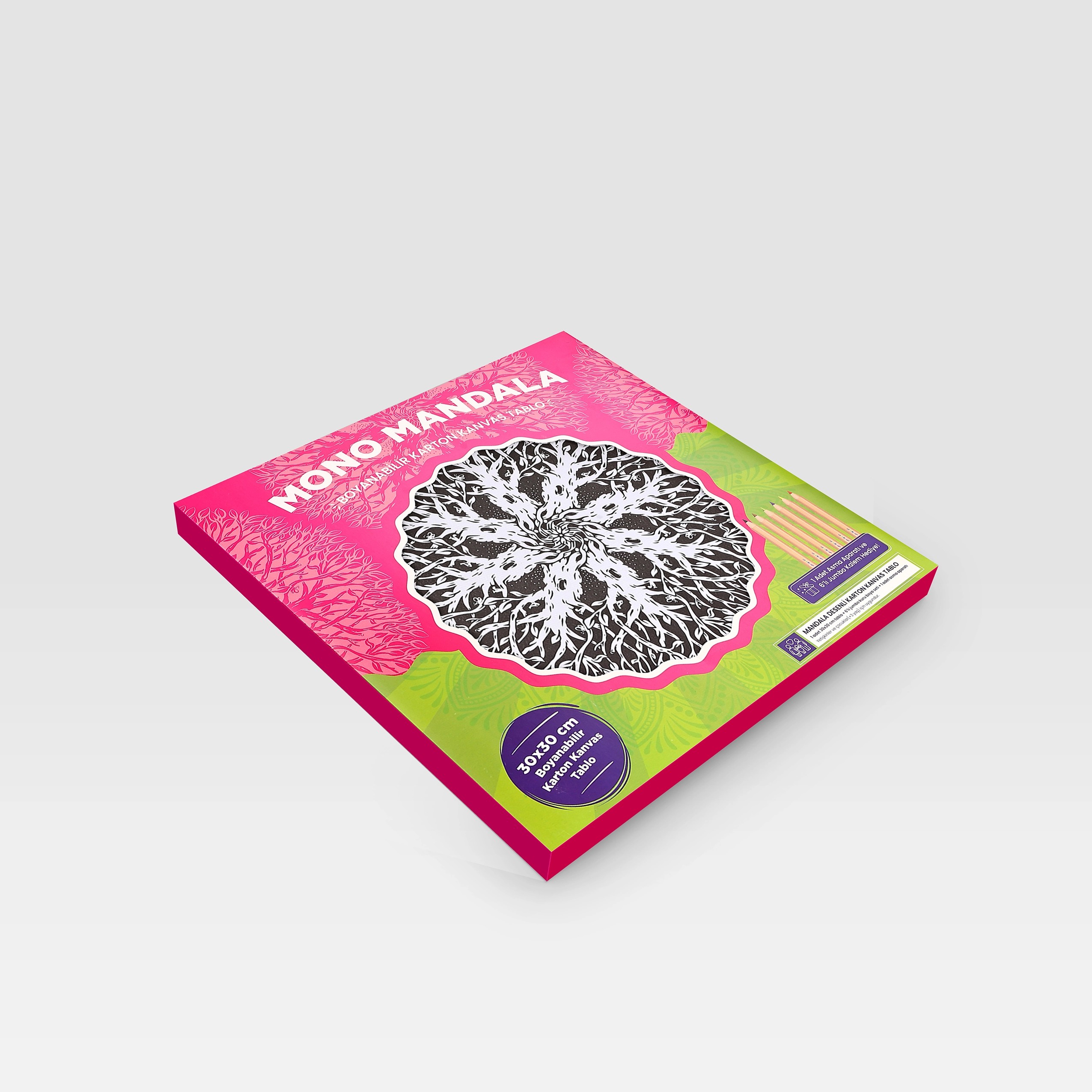 Karton Kanvas Mandala – Metal Çerçeve Görünümlü Ağaç Çizimi Boyama – 6’lı Jumbo Kalem Hediyeli