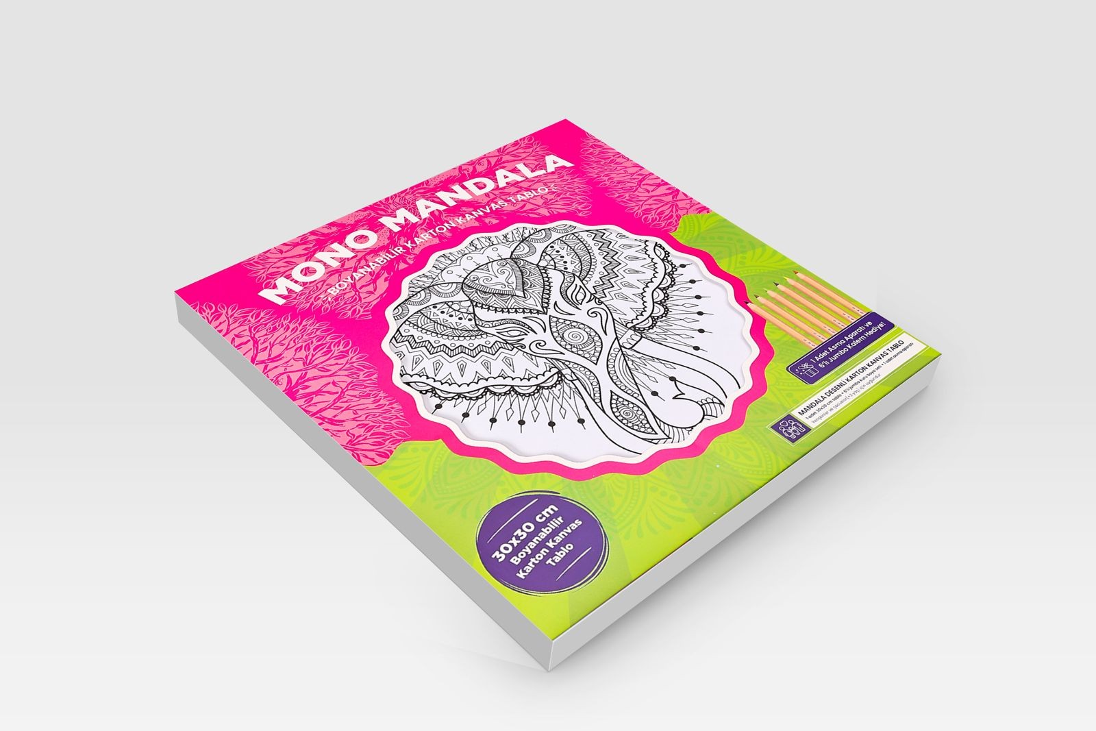 Karton Kanvas Mandala – Ahşap Çerçeve Görünümlü Fil Boyama – 6’lı Jumbo Kalem Hediyeli