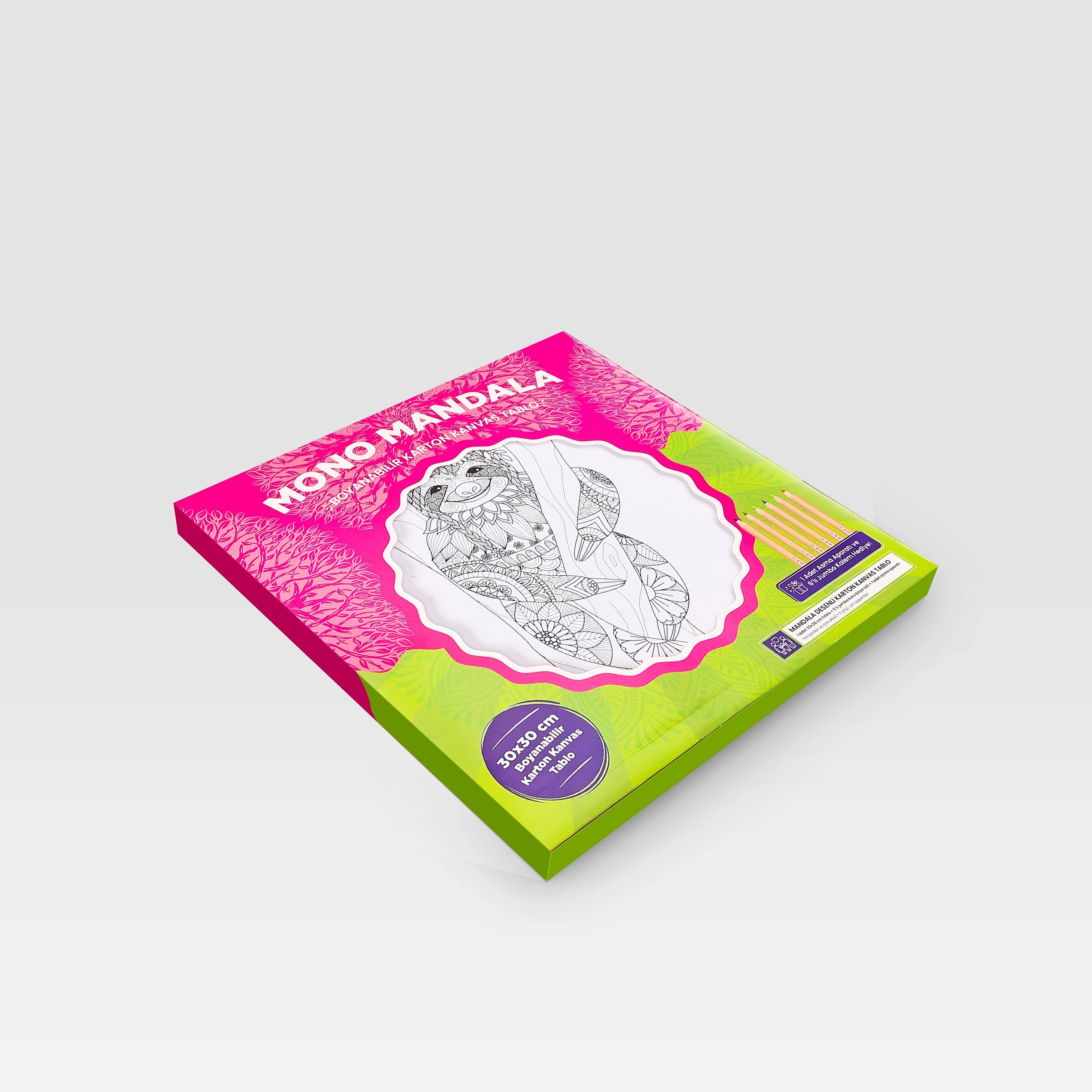 Karton Kanvas Mandala – Ahşap Çerçeve Görünümlü Tembel Hayvan Boyama – 6’lı Jumbo Kalem Hediyeli