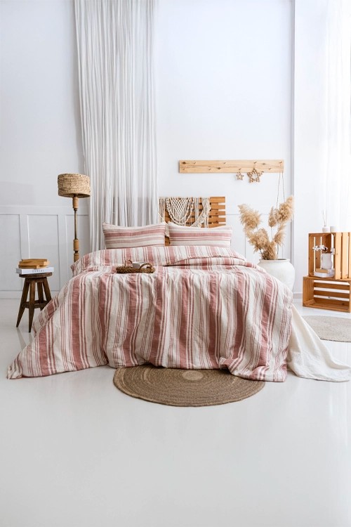 King Size Müslin Nevresim Takımı - Kiremit Çizgili