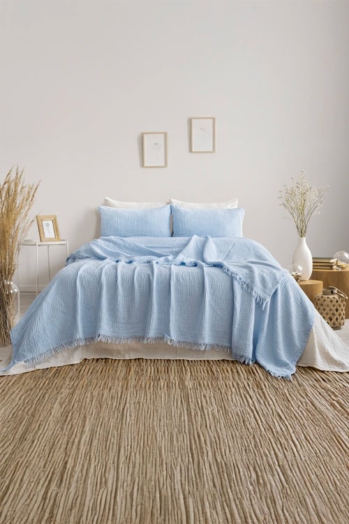 Tek Kişilik Müslin Yatak Örtüsü - Bebek Mavisi Örtü