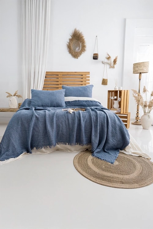 Tek Kişilik Müslin Yatak Örtüsü - Açık İndigo Örtü