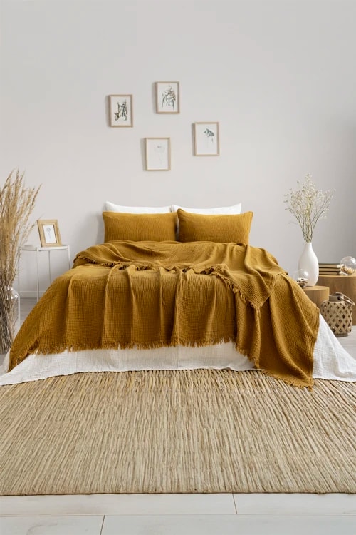 Tek Kişilik Müslin Yatak Örtüsü - Hardal Sarısı Örtü