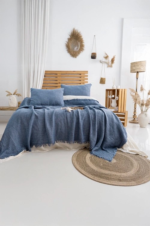 King Size Müslin Yatak Örtüsü - Açık İndigo Örtü