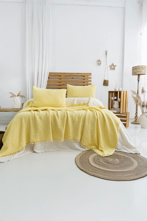King Size Müslin Yatak Örtüsü - Sarı Örtü