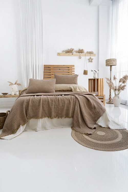 Tek Kişilik Müslin Yatak Örtüsü - Açık Kahverengi Örtü