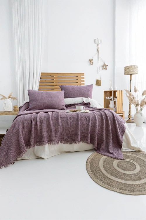 King Size Müslin Yatak Örtüsü - Lila Örtü