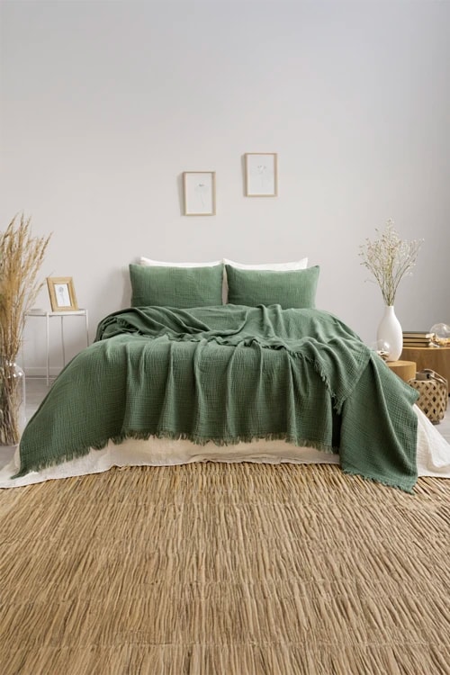 Tek Kişilik Müslin Yatak Örtüsü - Deniz Yeşili Örtü