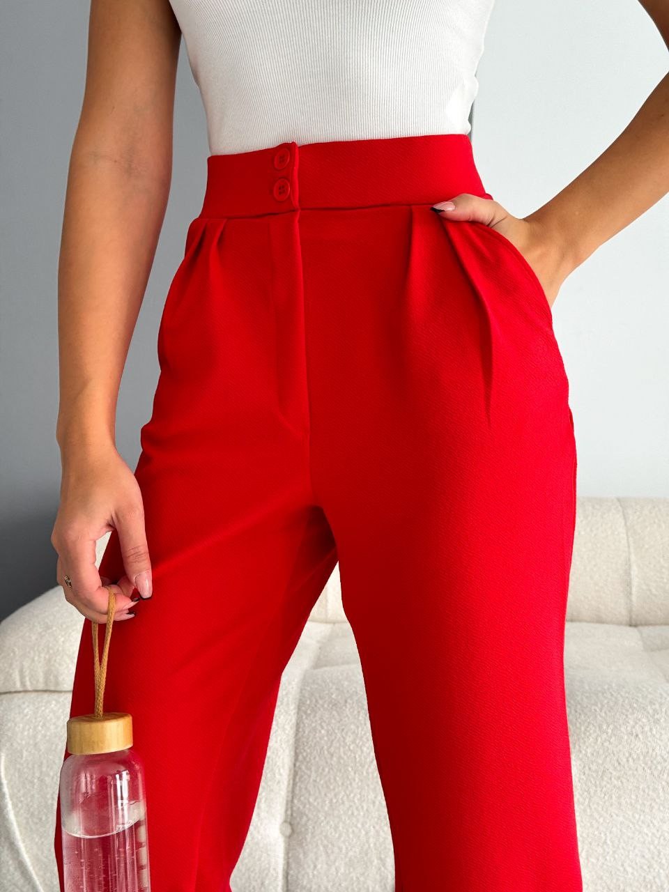 İthal Crep Full Likralı Çımalı Pantolon - kırmızı