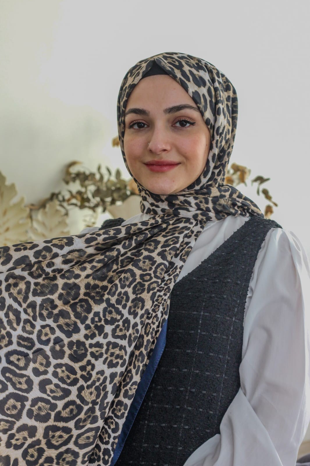 Modal İpek Pamuk Etnik Desen Şal - 77 x 200 cm - Lacivert Leopar