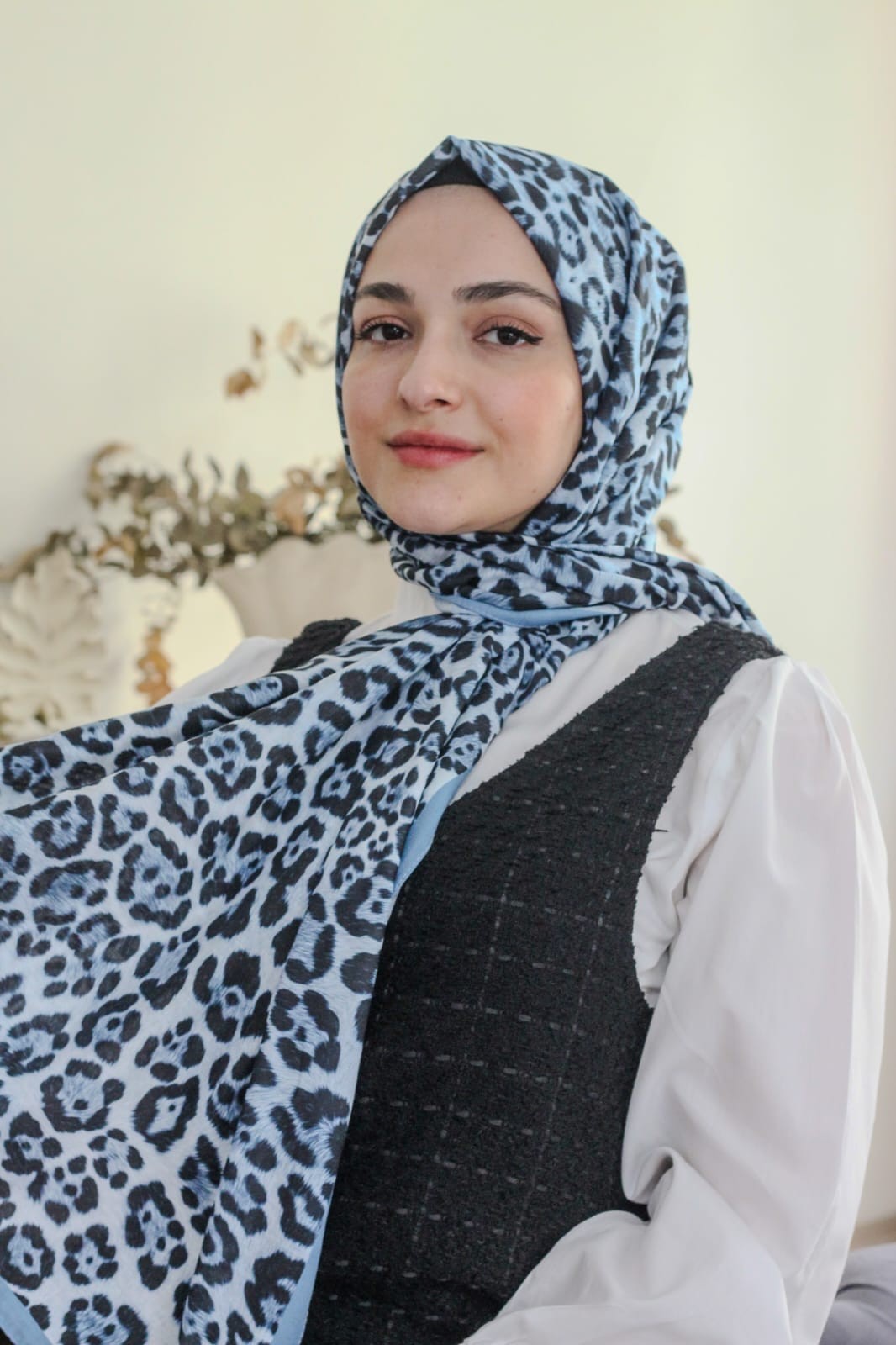 Modal İpek Pamuk Etnik Desen Şal - 77 x 200 cm - Toz Mavi Leopar