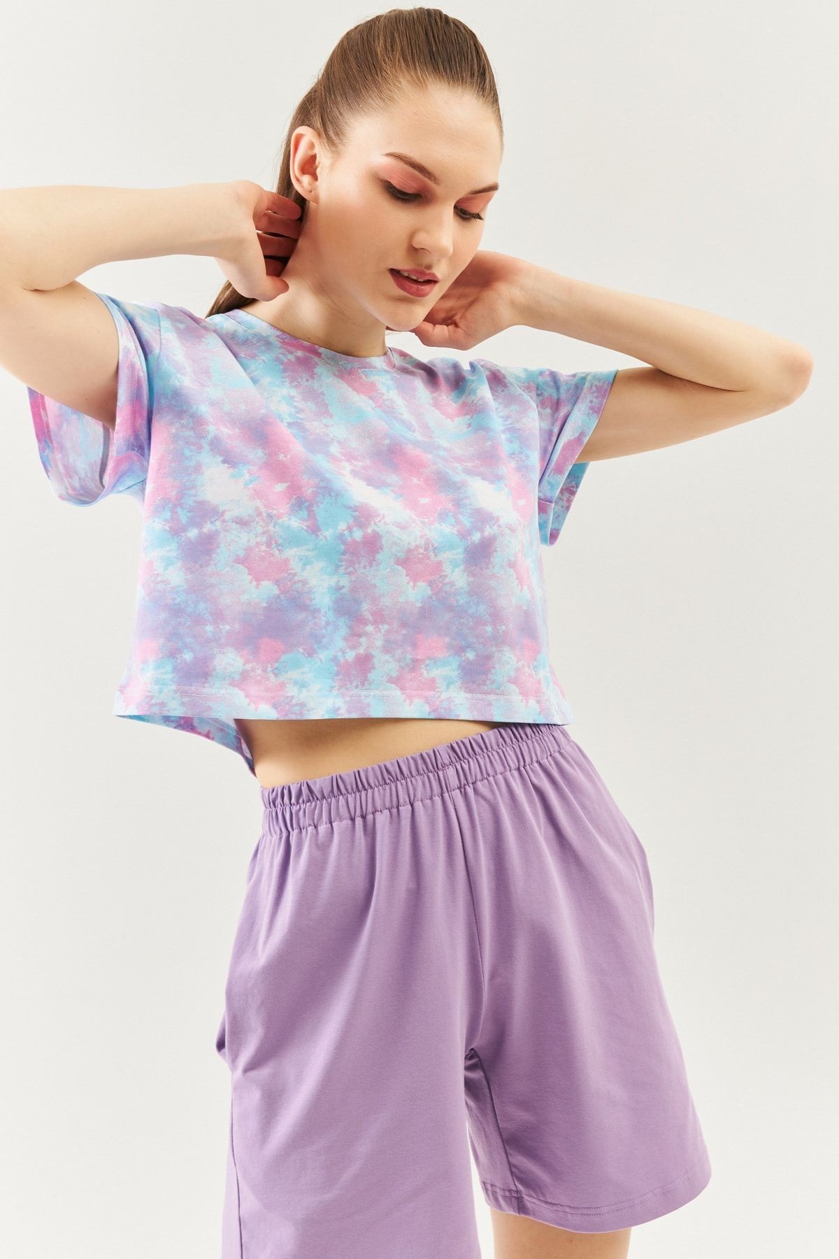 Batik Aqua Oversize Rahat %100 Pamuklu Penye Bisiklet Yaka Kısa Kol Basic Crop T-shirt