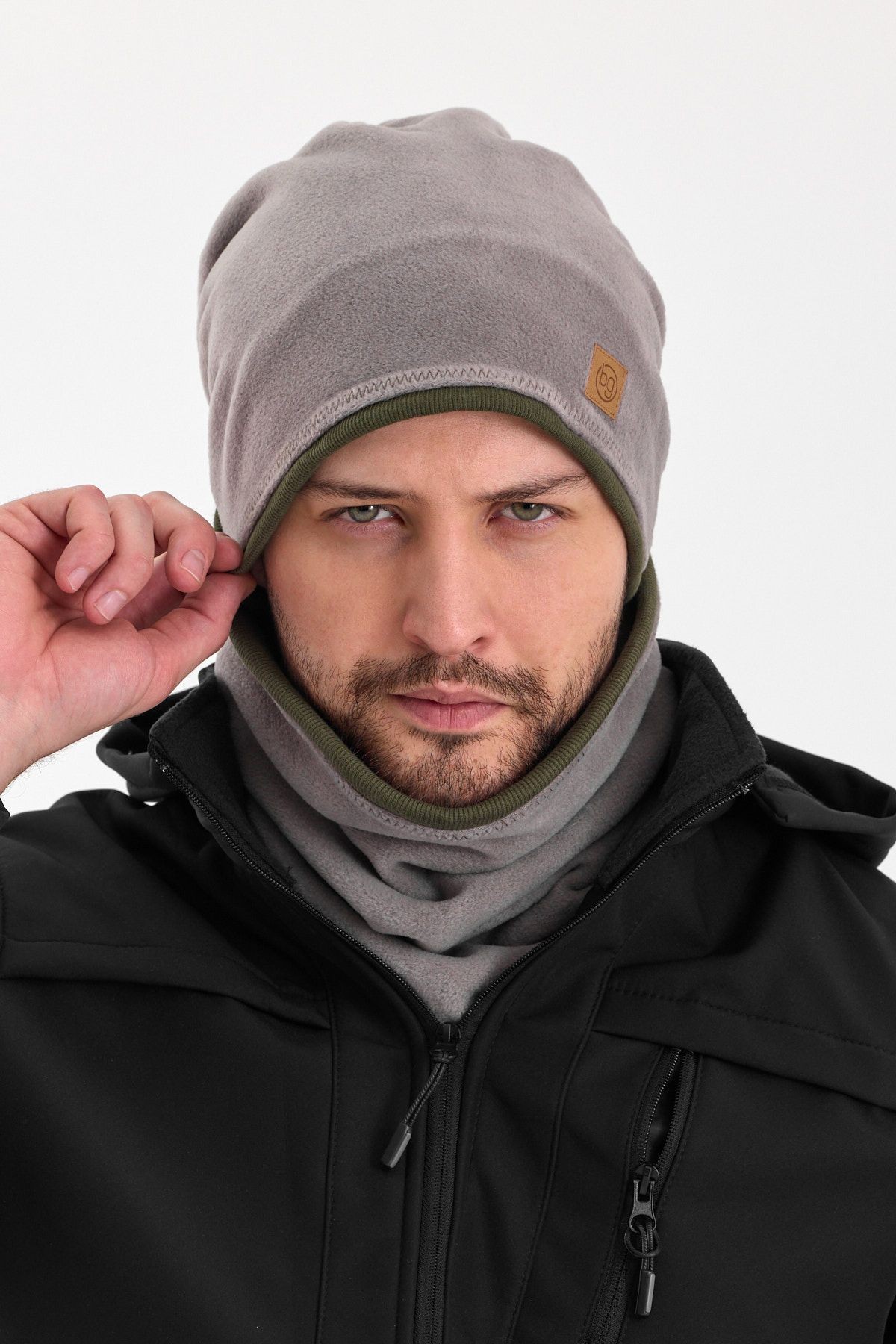 Erkek Polar Dış Kaşkorse Pamuklu İç Kısım Çift Renk Çift Katman Katlanabilir Bere Boyunluk Takım