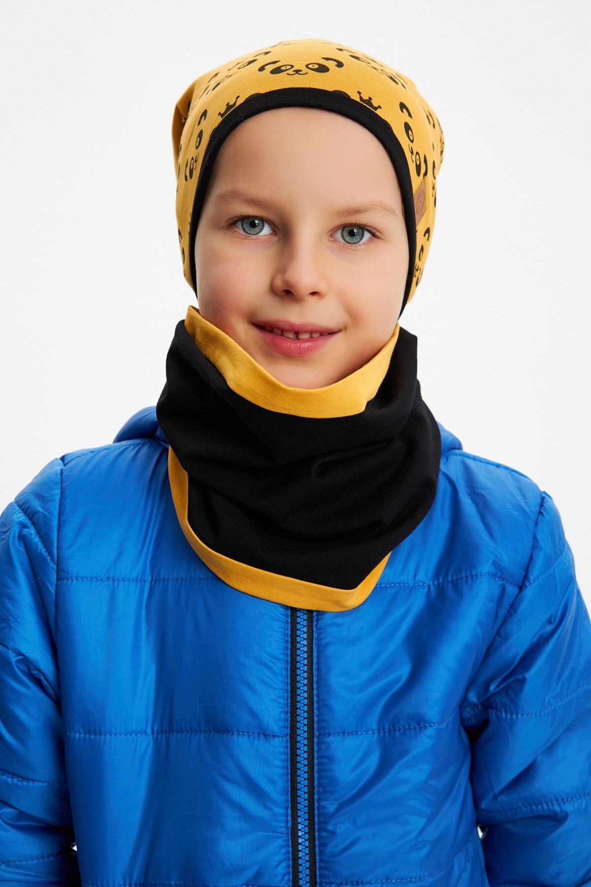 Erkek Çocuk Panda Desenli Bere Boyunluk Set Yumuşak Çift Katlı %100 Doğal Pamuklu Penye