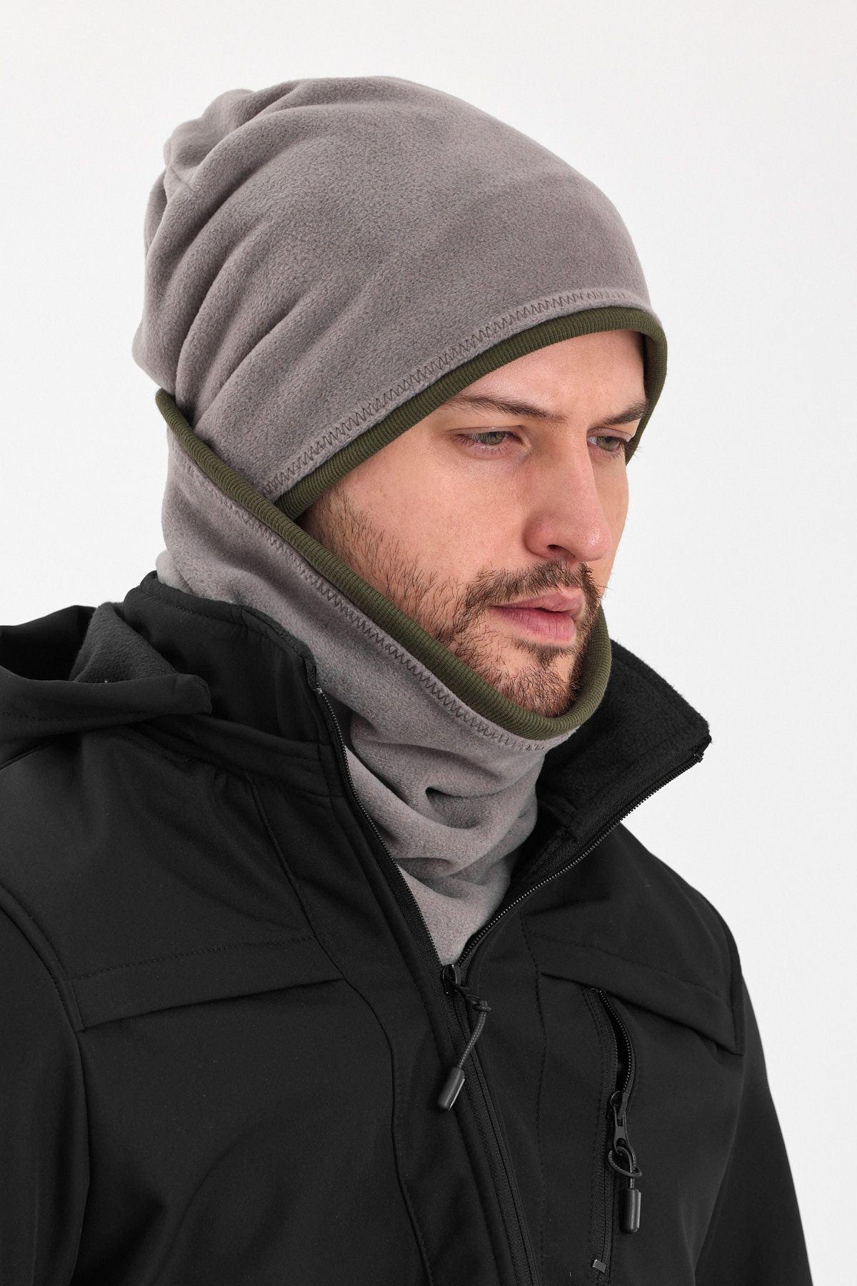 Erkek Polar Dış Kaşkorse Pamuklu İç Kısım Çift Renk Çift Katman Katlanabilir Bere Boyunluk Takım
