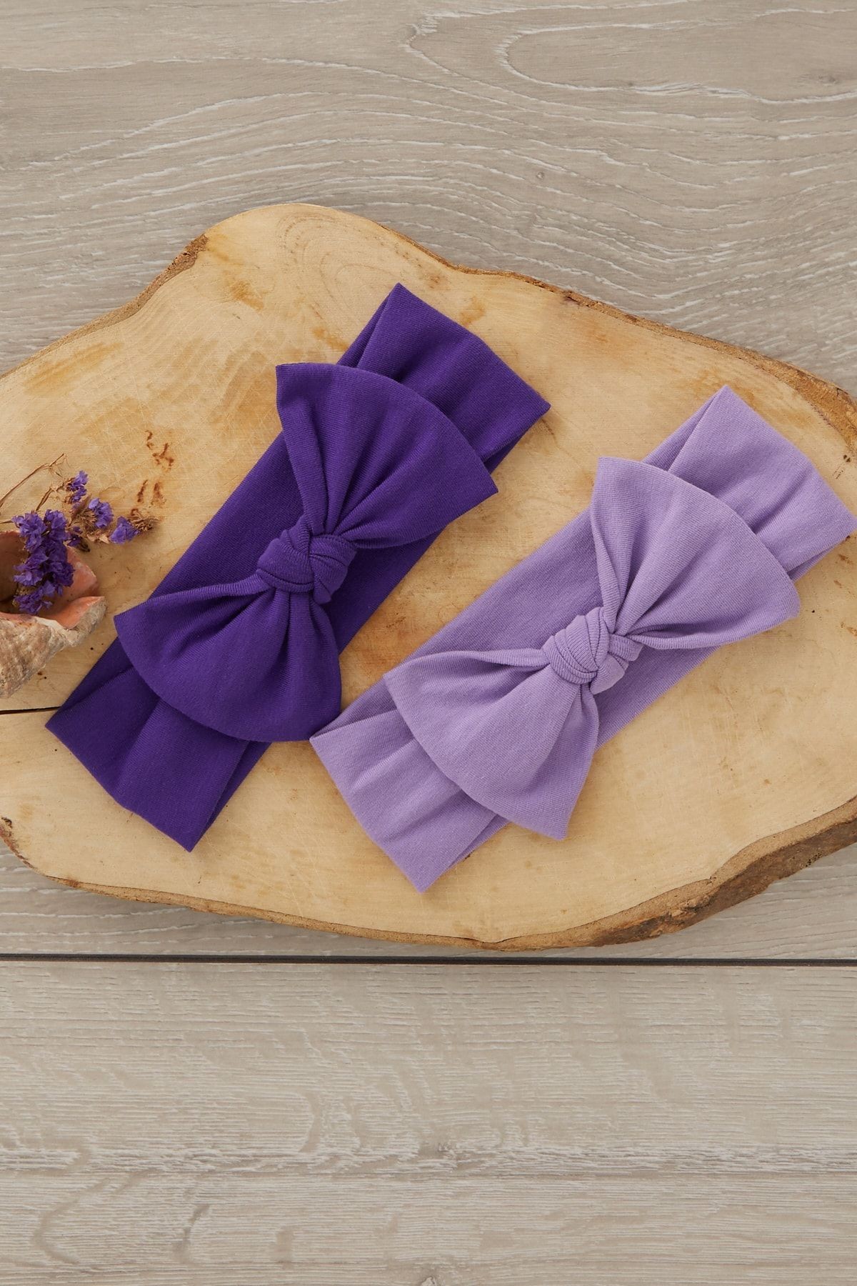 El Yapımı Yumuşak Fiyonk Bağlamalı Doğal Pamuklu Penye Ikili Bebek Çocuk Kız Bandana Mor Lila