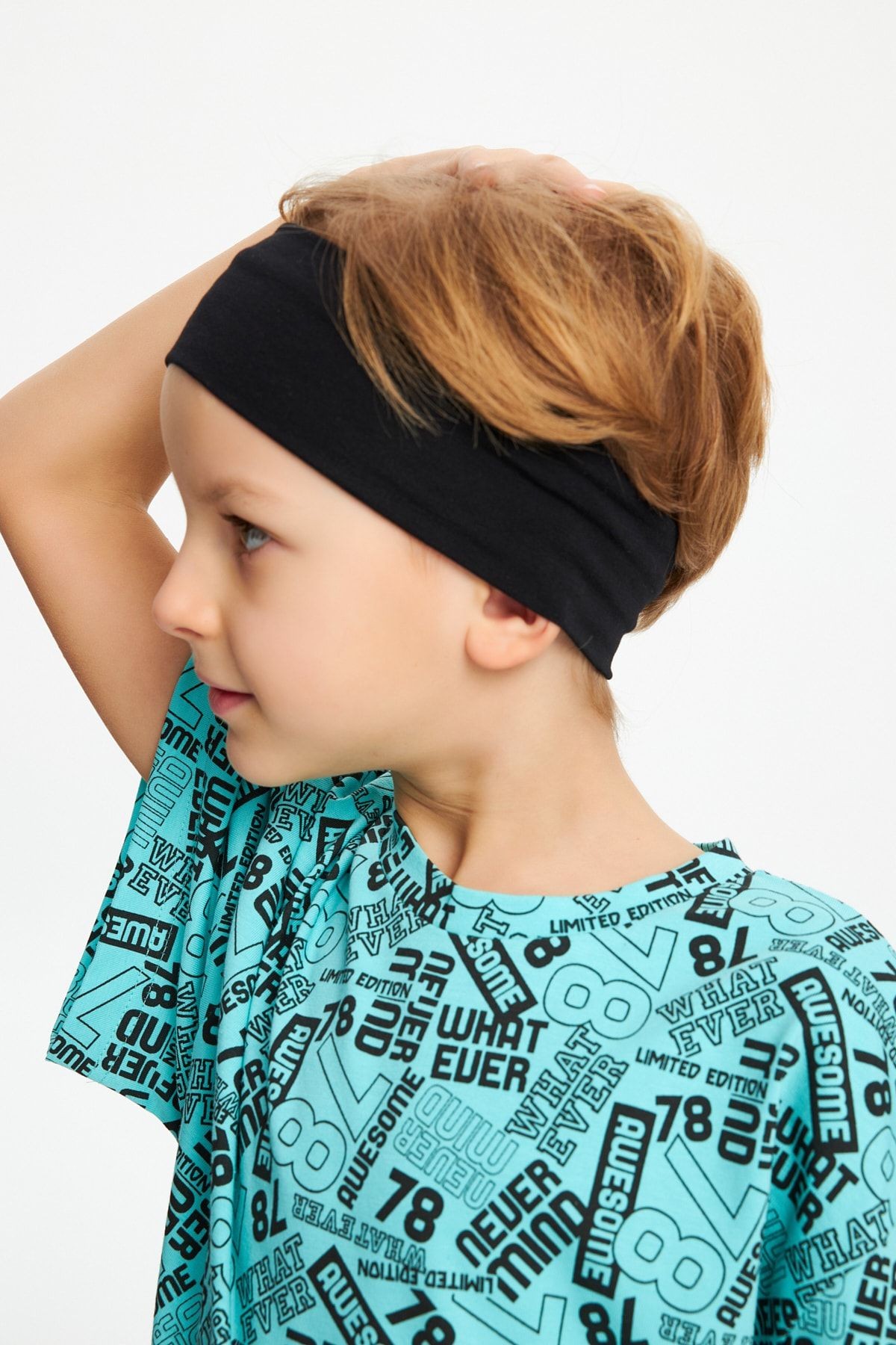 Erkek Çocuk %100 Pamuklu Oversize Turquaz Desenli T-Shirt Yumuşak Lacivert Bandana 2'Lİ TAKIM Seri5