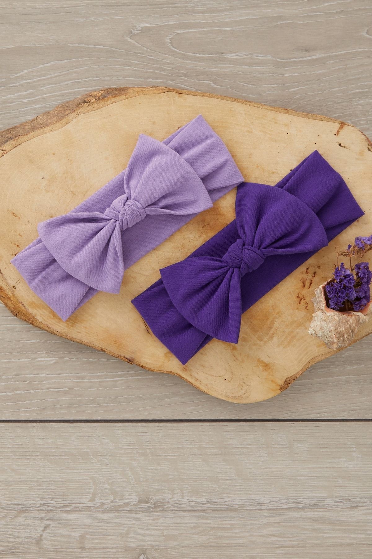 El Yapımı Yumuşak Fiyonk Bağlamalı Doğal Pamuklu Penye Ikili Bebek Çocuk Kız Bandana Mor Lila