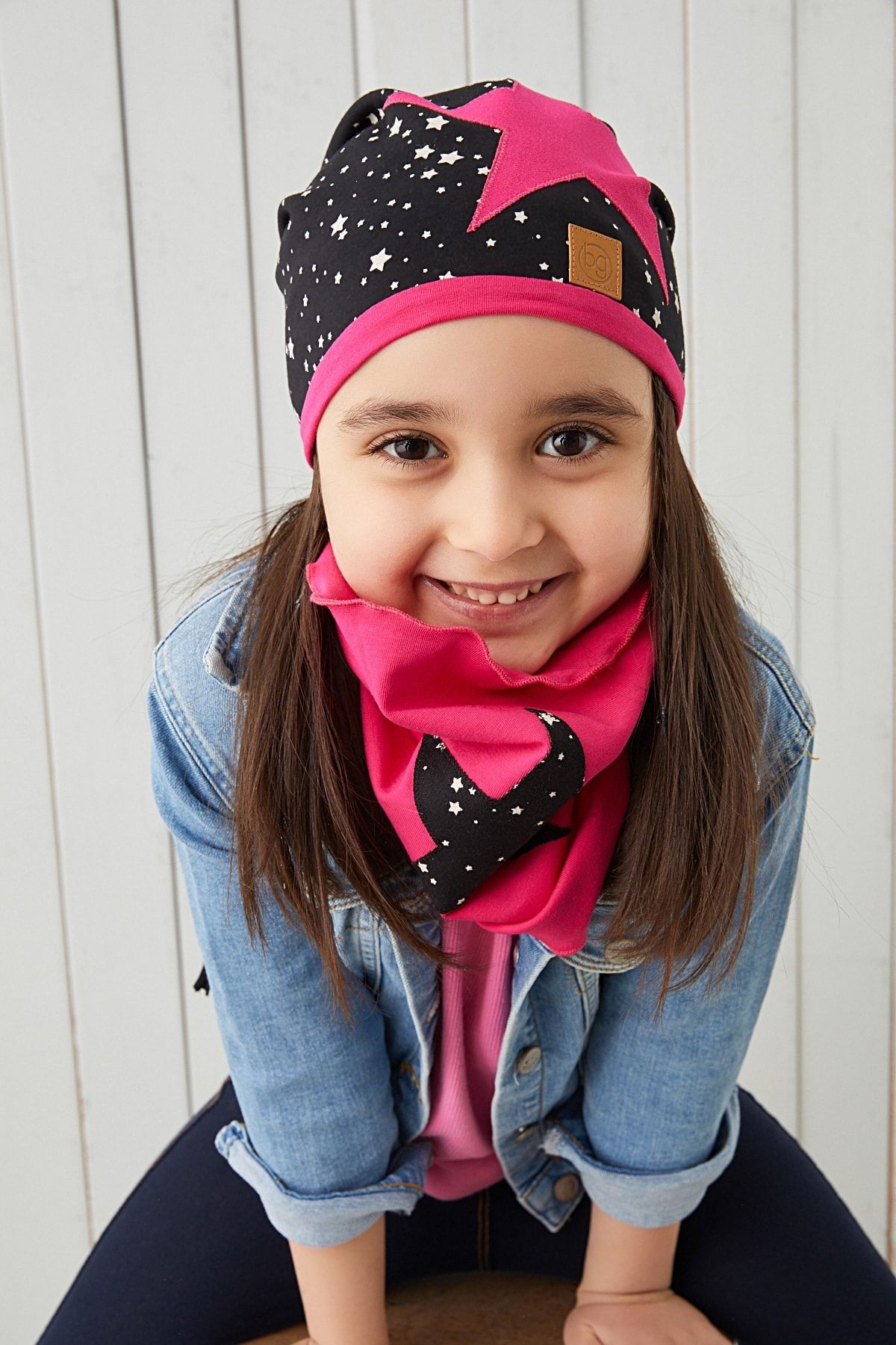 Fuşya Siyah Çocuk Bebek Bere Boyunluk Set Yumuşak %100 Pamuklu Penye Elit Seri
