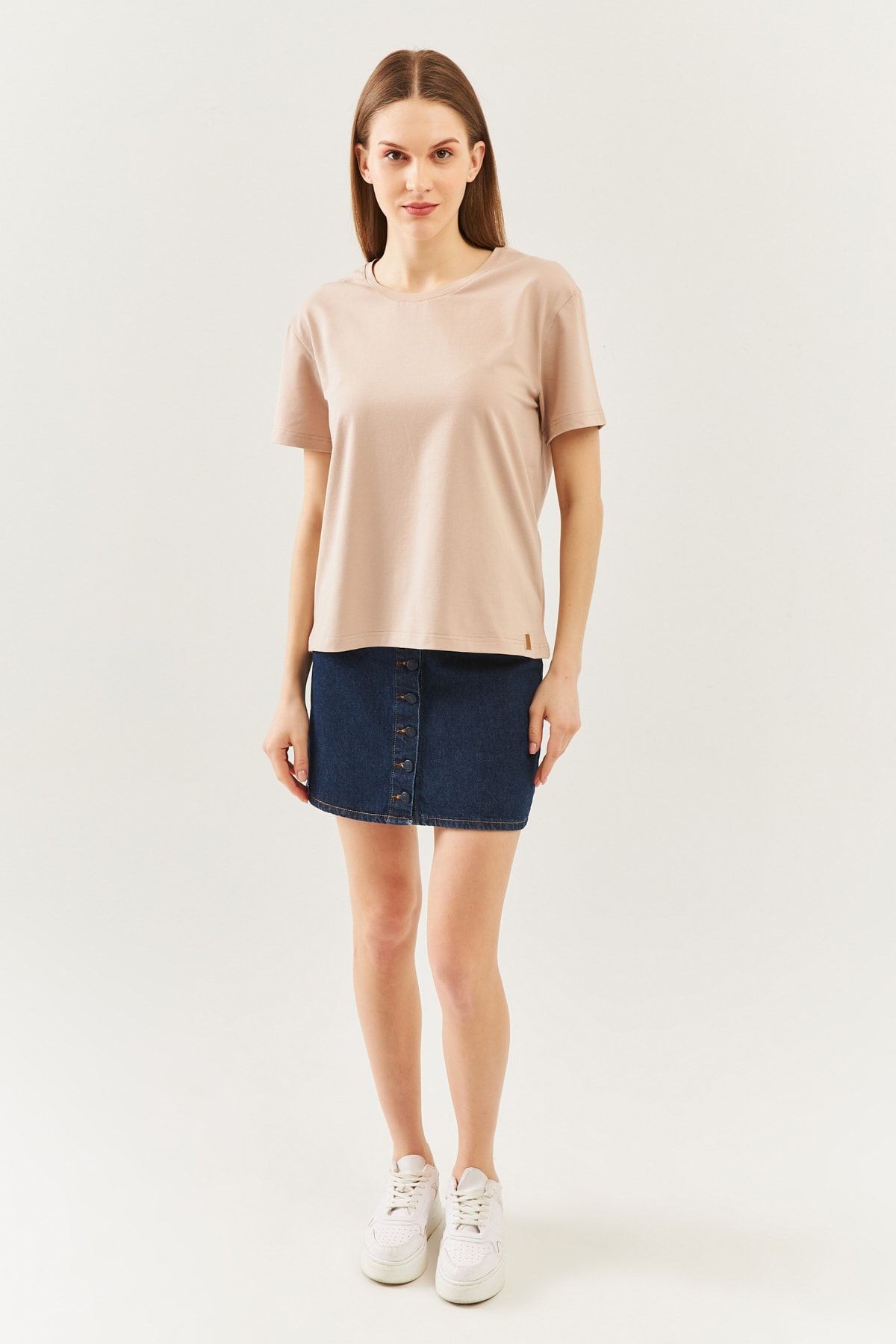 Açık Kahve Oversize Rahat %100 Pamuklu Penye Bisiklet Yaka Kısa Kol Basic T-shirt