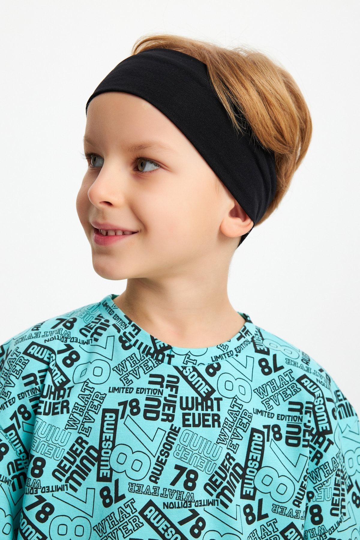 Erkek Çocuk %100 Pamuklu Oversize Turquaz Desenli T-Shirt Yumuşak Lacivert Bandana 2'Lİ TAKIM Seri5