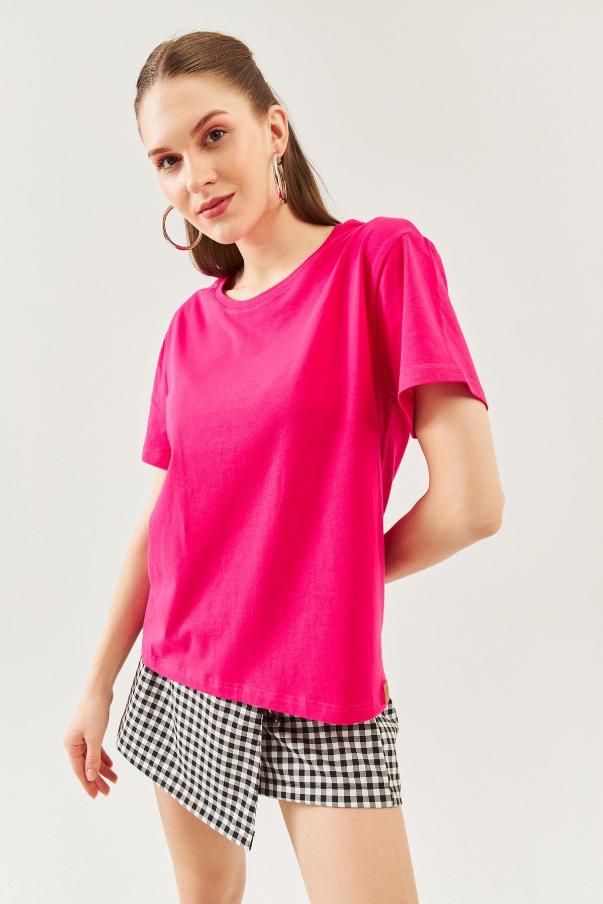 Fuşya Oversize Rahat %100 Pamuklu Penye Bisiklet Yaka Kısa Kol Basic T-shirt
