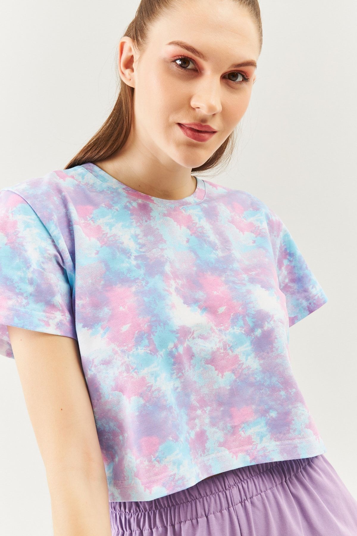 Batik Aqua Oversize Rahat %100 Pamuklu Penye Bisiklet Yaka Kısa Kol Basic Crop T-shirt