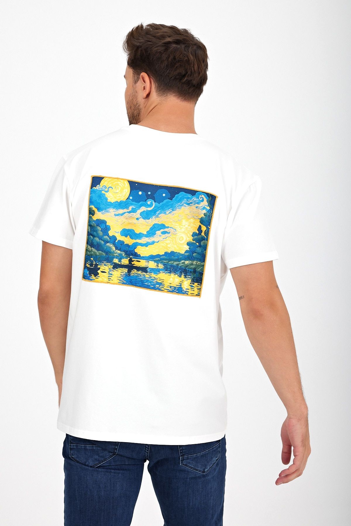 Erkek Yapay Zeka Tasarım Sırt Aplike Özel Baskılı %100 Pamuklu Penye Regular Fit T-shirt (vankogh)