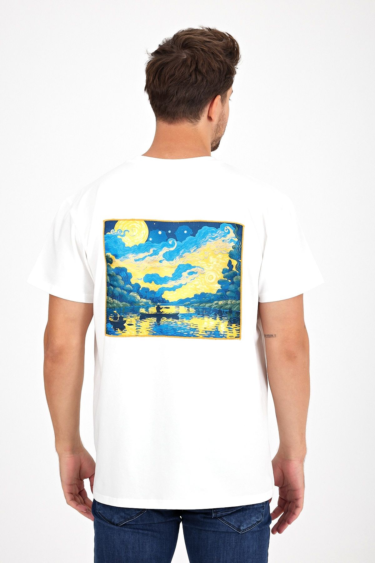 Erkek Yapay Zeka Tasarım Sırt Aplike Özel Baskılı %100 Pamuklu Penye Regular Fit T-shirt (vankogh)