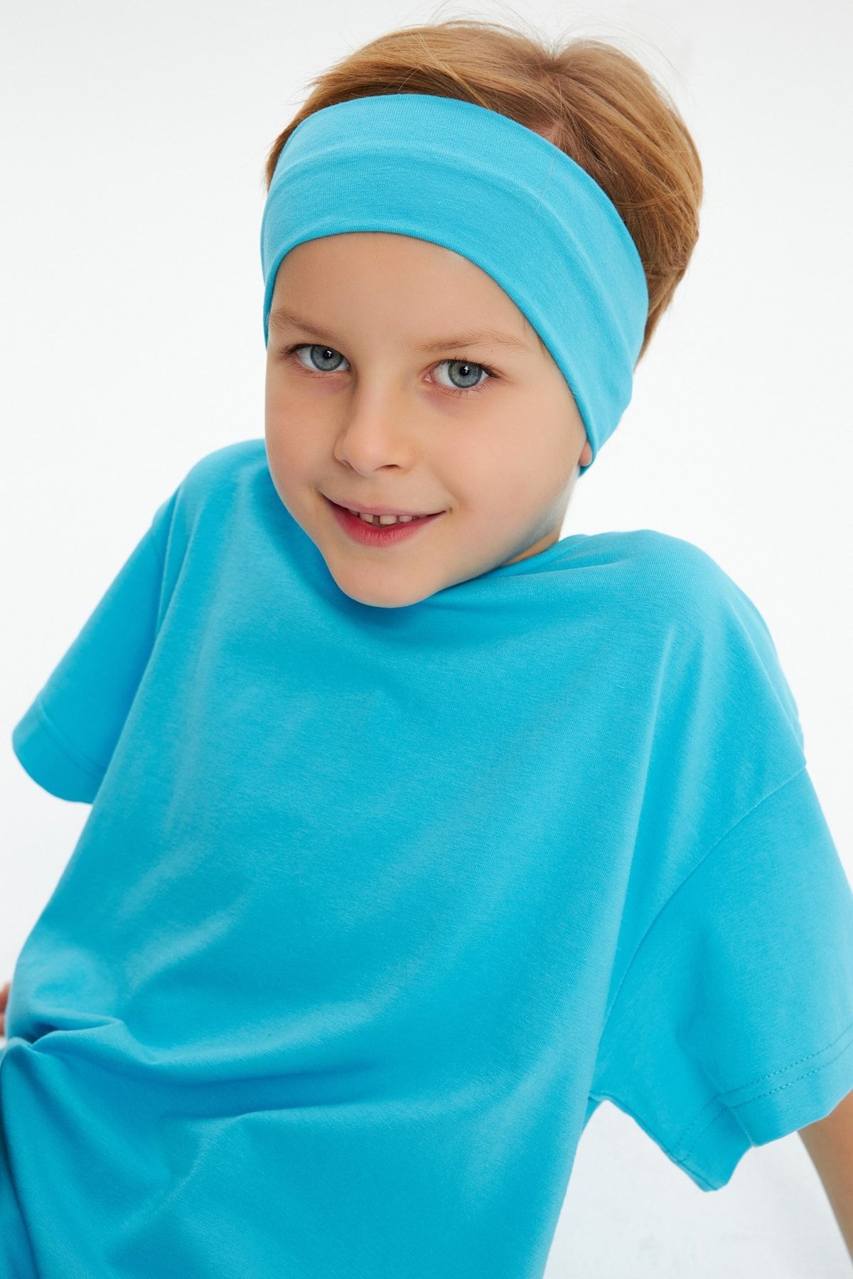 Erkek Çocuk %100 Pamuklu Penye Oversize Aqua T-Shirt Yumuşak Bandana İKİLİ TAKIM Trend Seri1