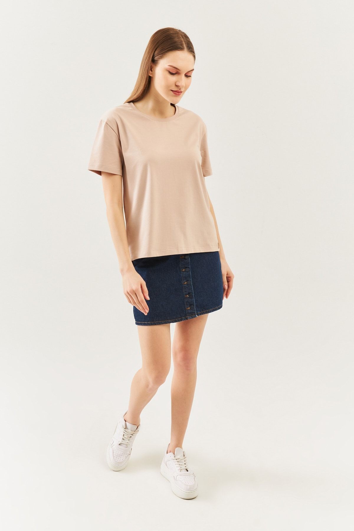 Açık Kahve Oversize Rahat %100 Pamuklu Penye Bisiklet Yaka Kısa Kol Basic T-shirt