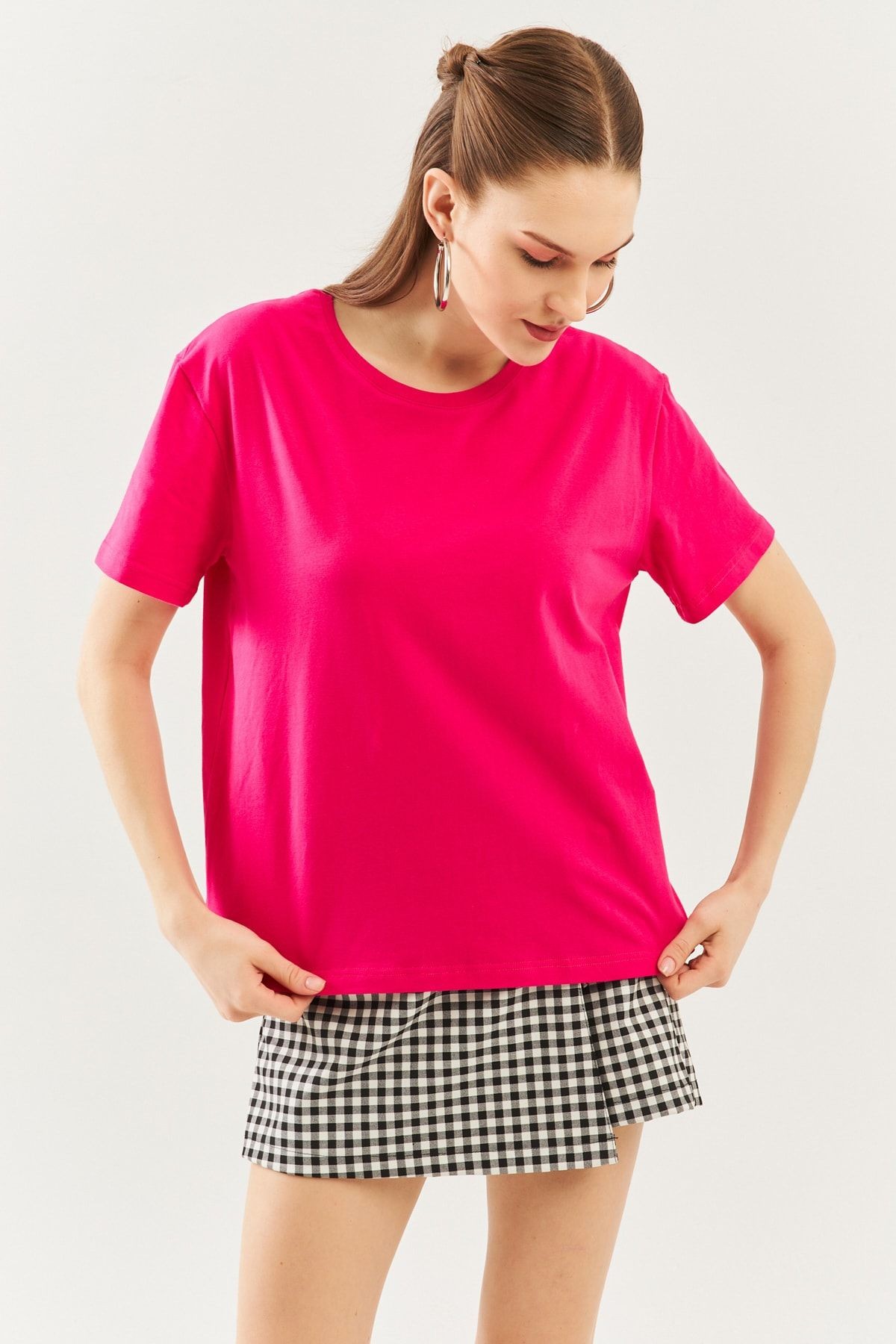 Fuşya Oversize Rahat %100 Pamuklu Penye Bisiklet Yaka Kısa Kol Basic T-shirt
