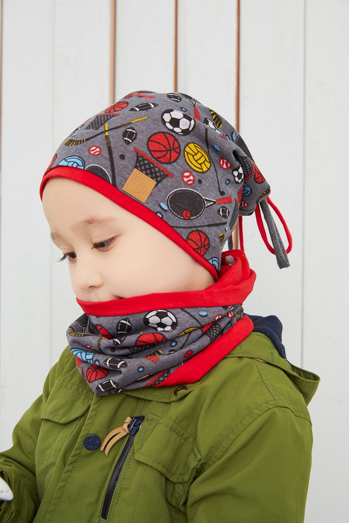 Erkek Çocuk Füme Spor Bere Boyunluk Set Yumuşak Çift Katlı  Doğal Pamuklu Penye