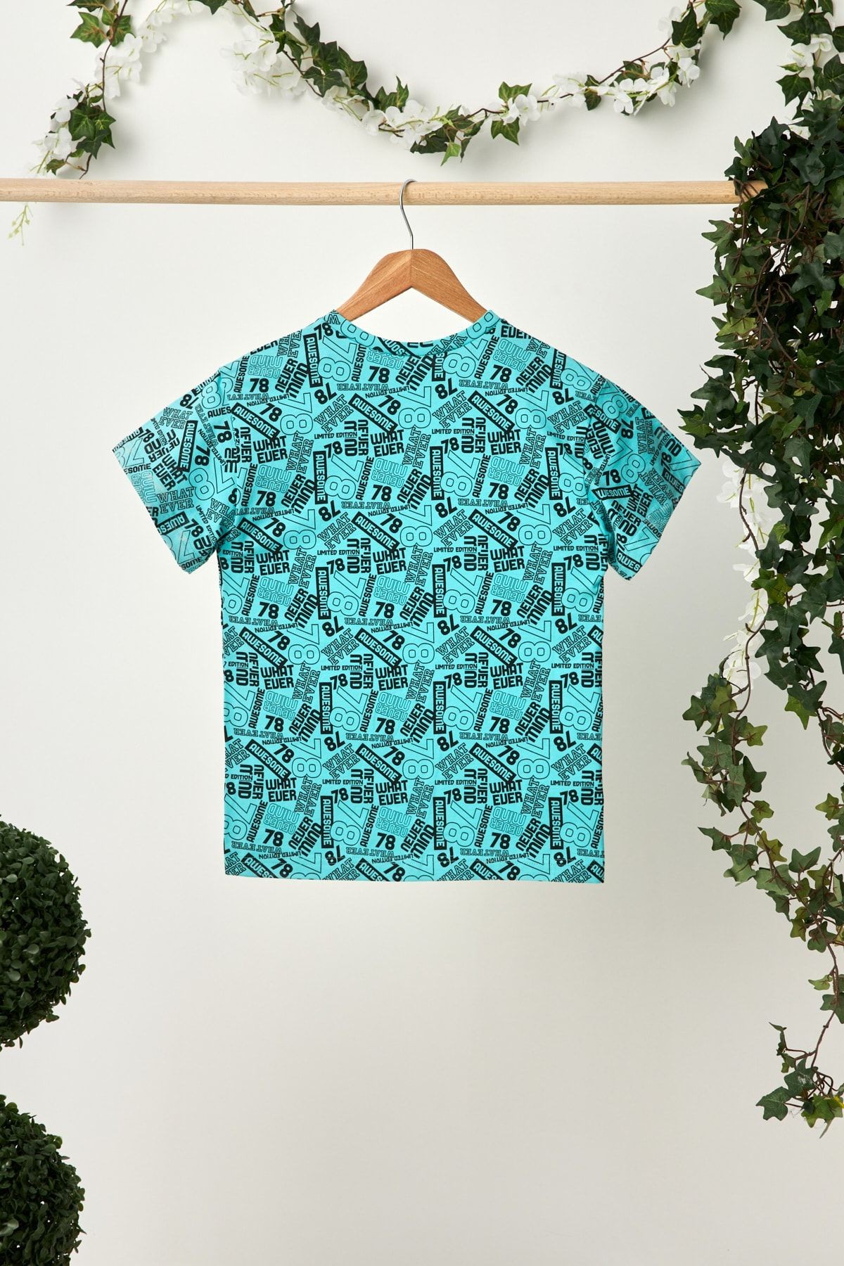 Erkek Çocuk %100 Pamuklu Oversize Turquaz Desenli T-Shirt Yumuşak Lacivert Bandana 2'Lİ TAKIM Seri5