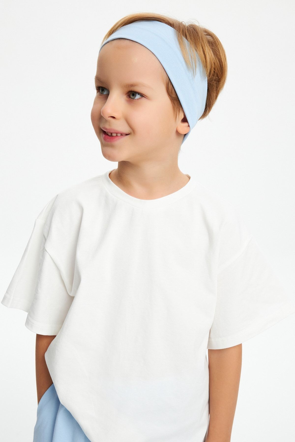 Erkek Çocuk %100 Pamuklu Penye Oversize Beyaz T-Shirt Yumuşak Mavi Bandana 2'Lİ TAKIM  Trend Seri3