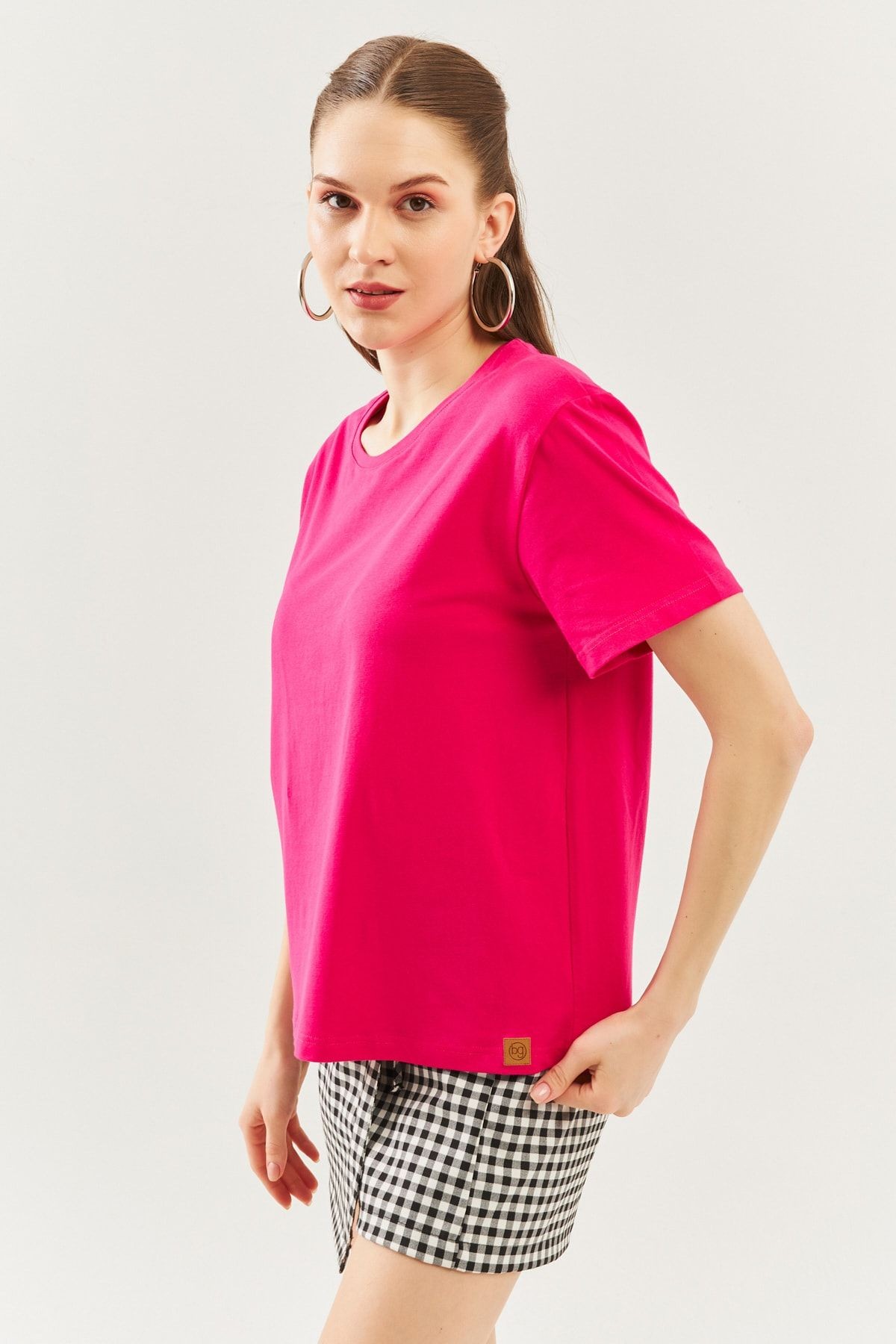 Fuşya Oversize Rahat %100 Pamuklu Penye Bisiklet Yaka Kısa Kol Basic T-shirt