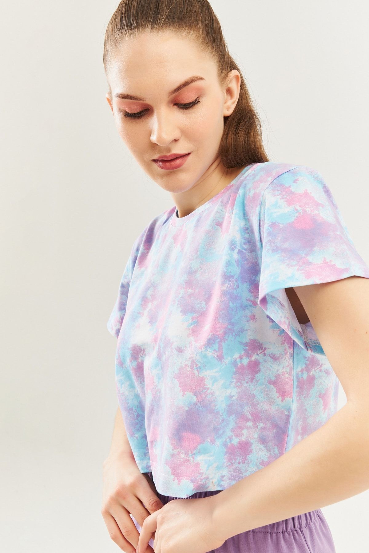 Batik Aqua Oversize Rahat %100 Pamuklu Penye Bisiklet Yaka Kısa Kol Basic Crop T-shirt