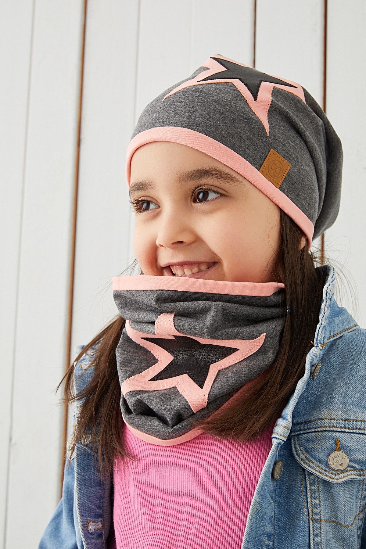 Pudra Gri Çocuk Bebek Bere Boyunluk Set Yumuşak %100 Pamuklu Penye Yıldız Seri