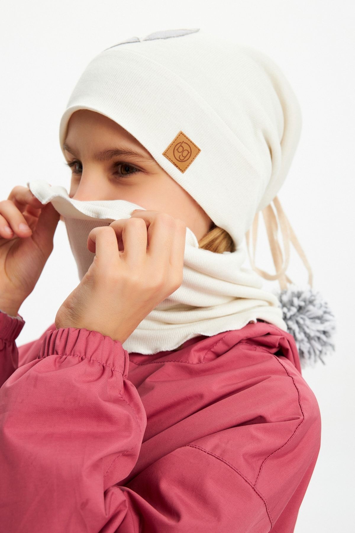 Kız Bebek Çocuk Ponponlu Bere Boyunluk Set Yumuşak Çift Katlı %100 Doğal Pamuklu
