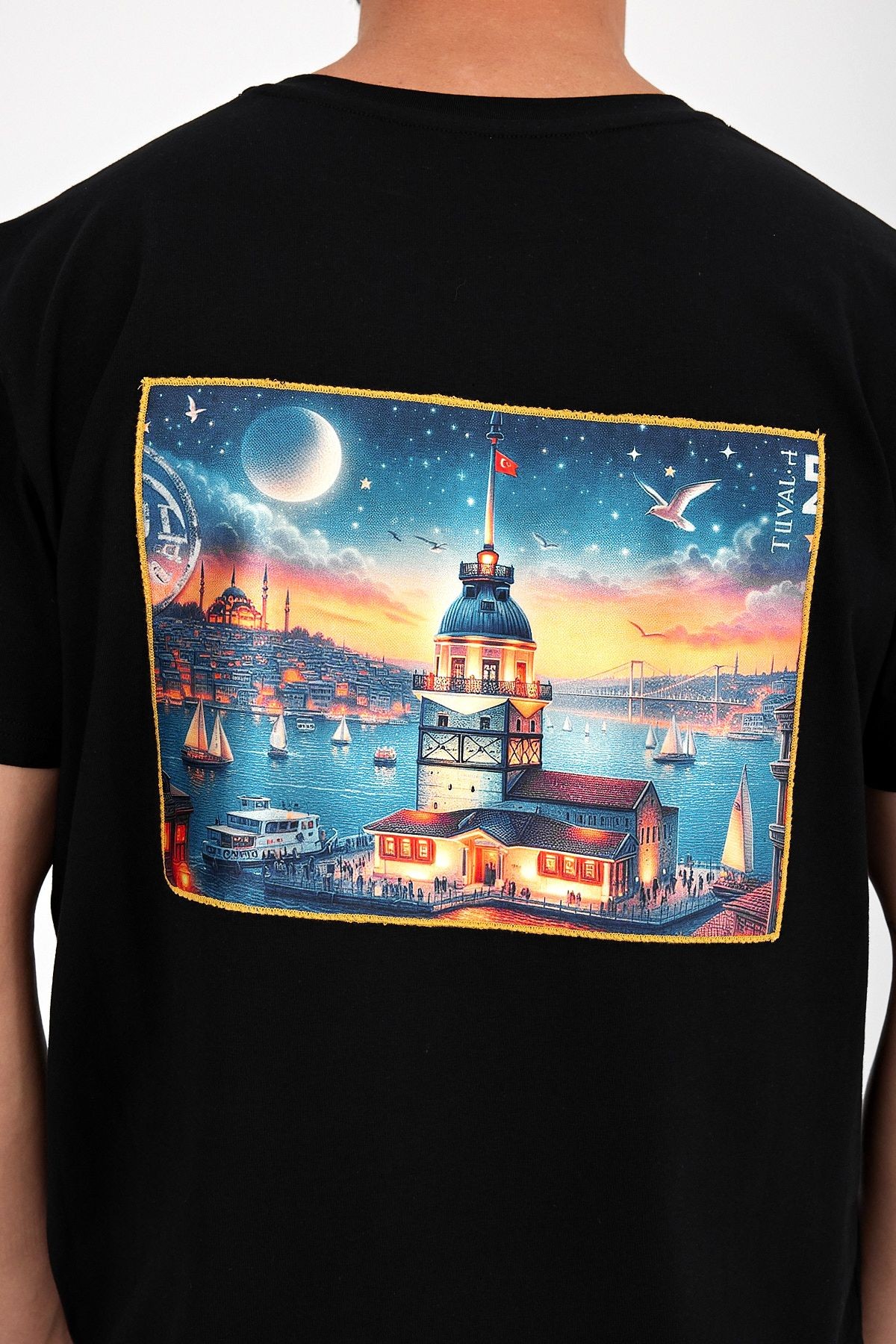 Erkek Yapay Zeka Tasarım Sırt Aplike Özel Baskılı %100 Pamuklu Penye Regular Fit T-shirt (kızkulesi)